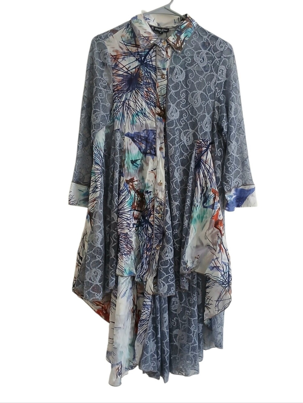 Mixed Media Lagenlook Steampunk Button Up Duster Women's S Lace Sheer Long Art